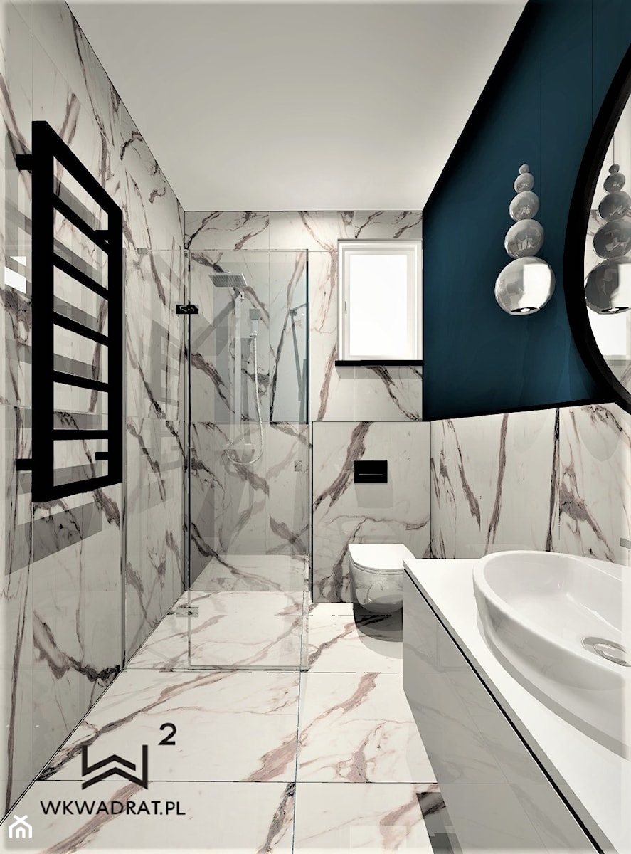 Łazienka gościnna, dom jednorodzinny - Średnia z lustrem z marmurową podłogą łazienka z oknem, styl glamour - zdjęcie od WKWADRAT - PRACOWNIA ARANŻACJI WNĘTRZ