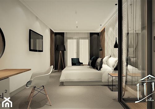 Sypialnia nowoczesna - Duża szara z biurkiem sypialnia z łazienką, styl rustykalny - zdjęcie od WKWADRAT - PRACOWNIA ARANŻACJI WNĘTRZ