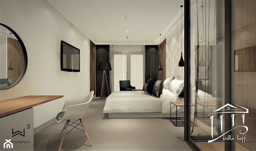 Sypialnia nowoczesna - Duża szara z biurkiem sypialnia z łazienką, styl rustykalny - zdjęcie od WKWADRAT - PRACOWNIA ARANŻACJI WNĘTRZ