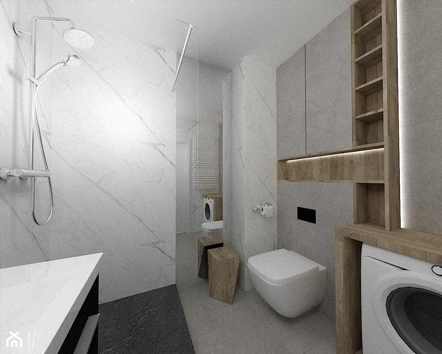 Łazienka - Mała bez okna z pralką / suszarką z lustrem z marmurową podłogą łazienka, styl nowoczesny - zdjęcie od WKWADRAT - PRACOWNIA ARANŻACJI WNĘTRZ