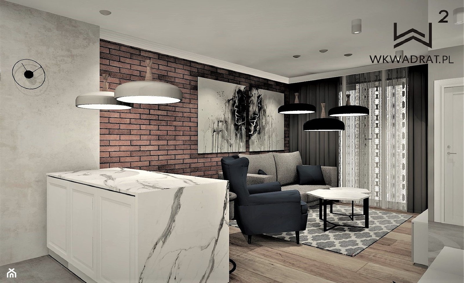 Apartament na wynajem w Kołobrzegu 2 - Mały brązowy szary salon z kuchnią, styl rustykalny - zdjęcie od WKWADRAT - PRACOWNIA ARANŻACJI WNĘTRZ - Homebook