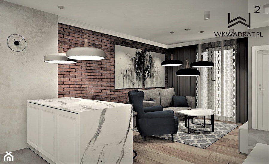 Apartament na wynajem w Kołobrzegu 2 - Mały brązowy szary salon z kuchnią, styl rustykalny - zdjęcie od WKWADRAT - PRACOWNIA ARANŻACJI WNĘTRZ