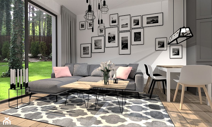 Projekt salonu - Średni biały szary salon z kuchnią z jadalnią, styl rustykalny - zdjęcie od WKWADRAT - PRACOWNIA ARANŻACJI WNĘTRZ
