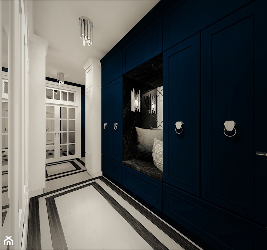 Korytarz Niebieski - Średni biały z marmurem na podłodze hol / przedpokój, styl glamour - zdjęcie od WKWADRAT - PRACOWNIA ARANŻACJI WNĘTRZ