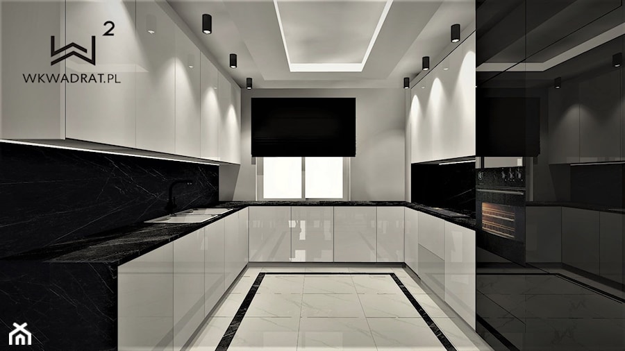 Dom pod Toruniem, Kuchnia - Duża otwarta biała czarna z zabudowaną lodówką z nablatowym zlewozmywakiem kuchnia w kształcie litery u z oknem, styl glamour - zdjęcie od WKWADRAT - PRACOWNIA ARANŻACJI WNĘTRZ