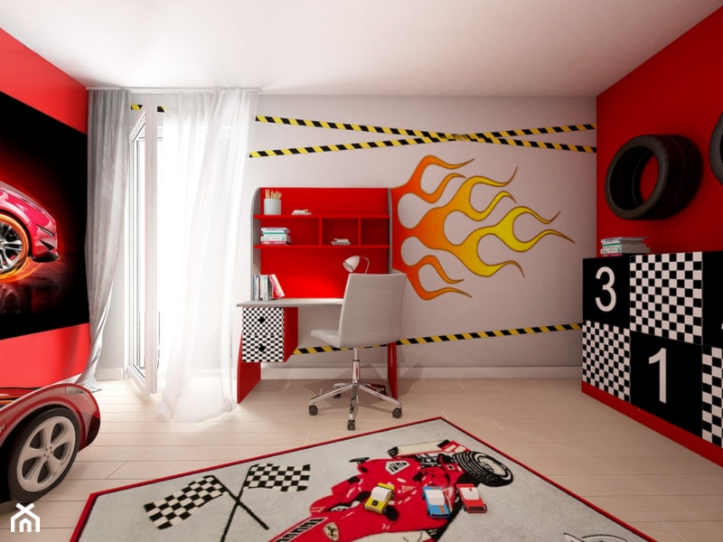 Pokój Auta - Mały czerwony szary pokój dziecka dla dziecka dla nastolatka dla chłopca dla dziewczynki, styl nowoczesny - zdjęcie od Sharing4Kids