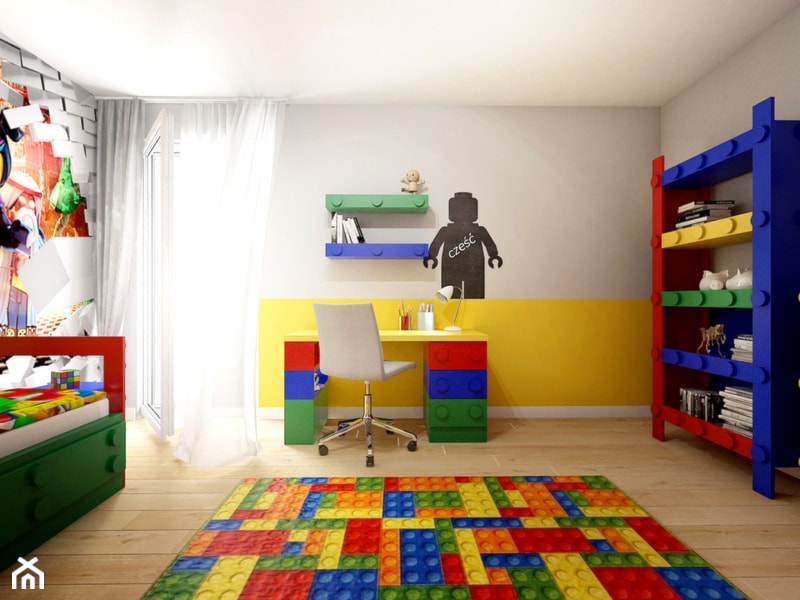Pokój Lego - Średni szary żółty pokój dziecka dla dziecka dla chłopca dla dziewczynki, styl nowoczesny - zdjęcie od Sharing4Kids - Homebook