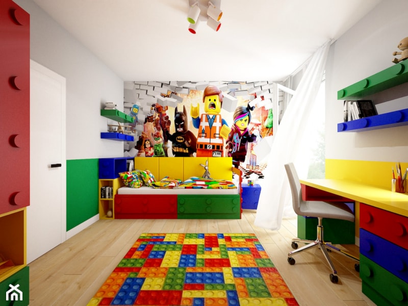 Pokój Lego - Średni szary żółty pokój dziecka dla dziecka dla chłopca dla dziewczynki, styl nowoczesny - zdjęcie od Sharing4Kids - Homebook