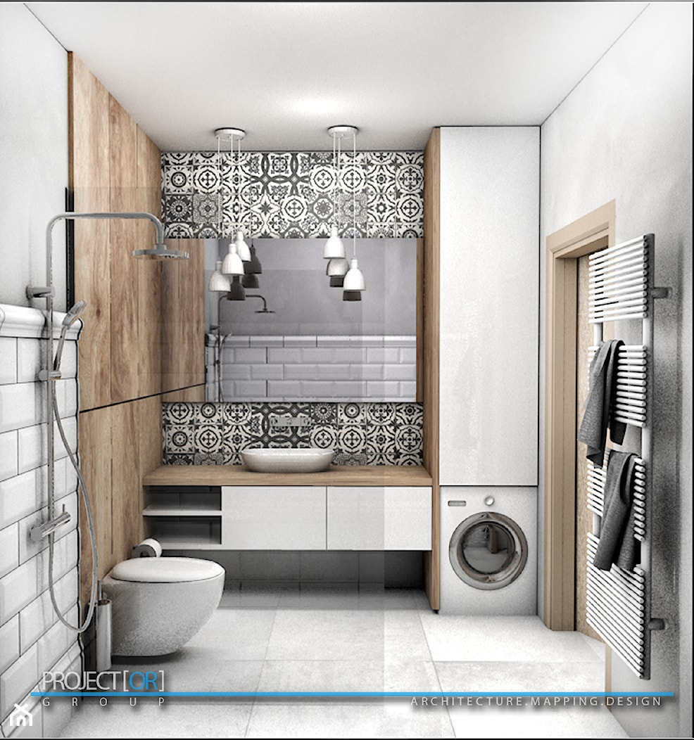 pOR_06 - White&Wood - Mała na poddaszu bez okna z pralką / suszarką z lustrem łazienka, styl nowocz ... - zdjęcie od Project[OR] Group - Homebook