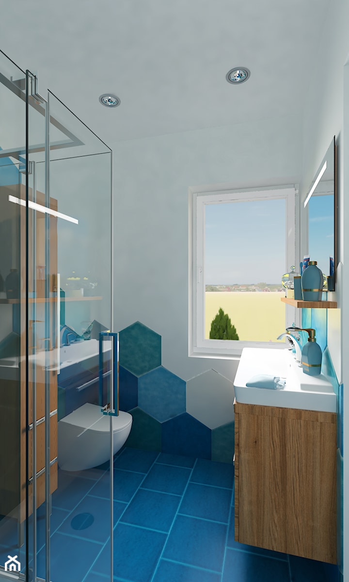Projekt domu jednorodzinnego - Mała na poddaszu z lustrem z punktowym oświetleniem łazienka z oknem, styl skandynawski - zdjęcie od Oksana Koniuszewska