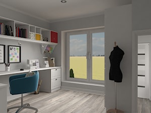 Projekt domu jednorodzinnego - Duże w osobnym pomieszczeniu z zabudowanym biurkiem szare biuro, styl skandynawski - zdjęcie od Oksana Koniuszewska