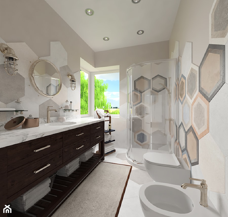 Projekt domu jednorodzinnego - Średnia na poddaszu z lustrem z marmurową podłogą łazienka z oknem, styl skandynawski - zdjęcie od Oksana Koniuszewska