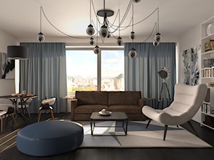 Projekt apartamentu typu studio - Duży biały salon z jadalnią z bibiloteczką, styl nowoczesny - zdjęcie od Oksana Koniuszewska