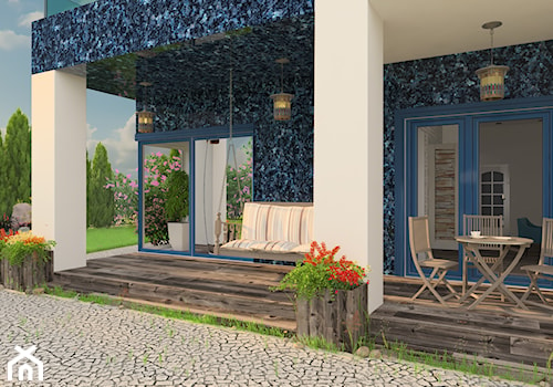 Projekt domu jednorodzinnego - Średni z meblami ogrodowymi z donicami na kwiaty z huśtawką taras z t ... - zdjęcie od Oksana Koniuszewska