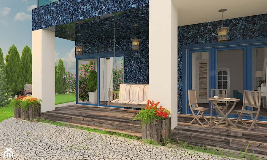 Projekt domu jednorodzinnego - Średni z meblami ogrodowymi z donicami na kwiaty z huśtawką taras z tyłu domu - zdjęcie od Oksana Koniuszewska