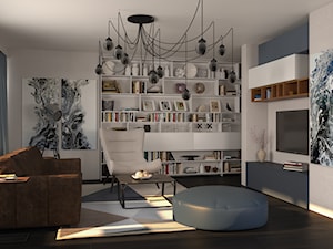 Projekt apartamentu typu studio - Średni biały szary salon z bibiloteczką, styl nowoczesny - zdjęcie od Oksana Koniuszewska