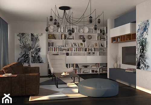 Projekt apartamentu typu studio - Średni biały szary salon z bibiloteczką, styl nowoczesny - zdjęcie od Oksana Koniuszewska