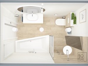 Łazienka w drewnie w połączeniu z bielą i niebieskim - zdjęcie od Boka Design