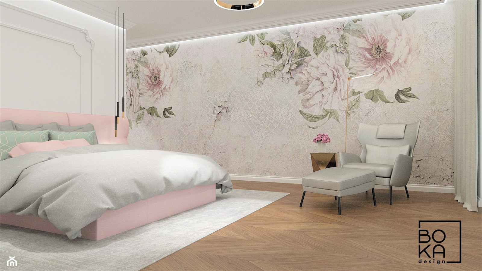 Sypialnia z tapetą w kwiaty WonderWall - zdjęcie od Boka Design - Homebook