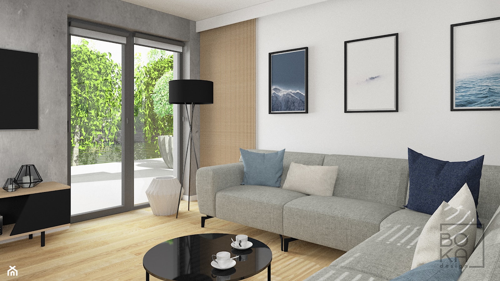 Mały salon z dużą sofą. Połączenie betonu z drewnianą podłogą i ozdobnymi listwami ściennymi. - zdjęcie od Boka Design - Homebook