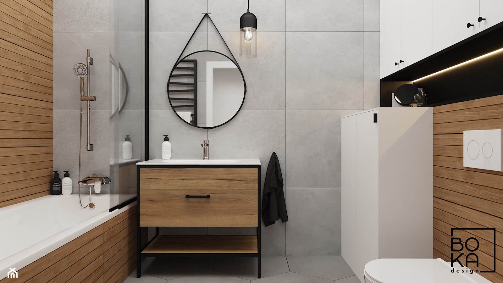 Mała łazienka w bloku z okrągłym lustrem i drewnopodobnymi kafelkami - zdjęcie od Boka Design - Homebook