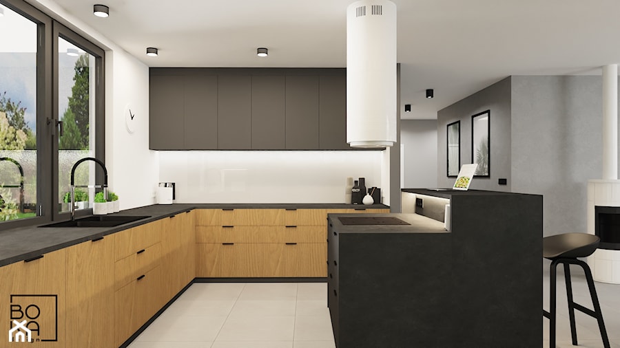 Dom w drewnie i czerni z nutą betonu - Kuchnia, styl nowoczesny - zdjęcie od Boka Design