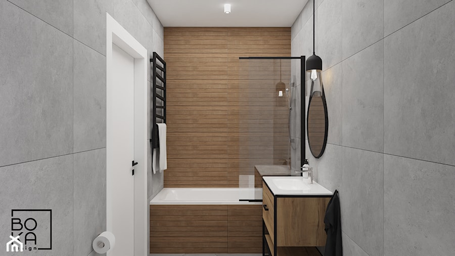 Mała łazienka w bloku z ukrytą pralką - zdjęcie od Boka Design