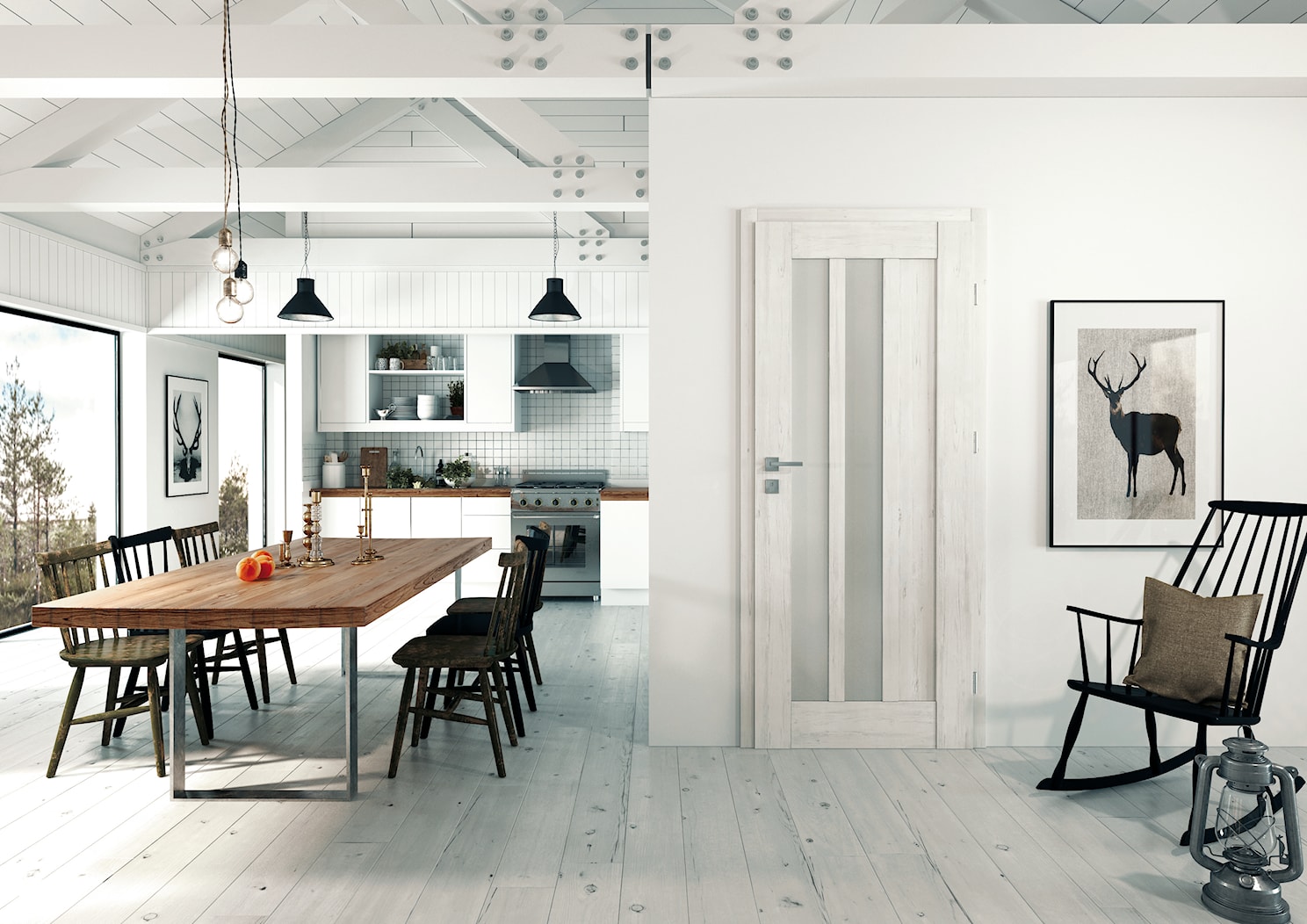 Skrzydła Drzwiowe Ramowe Przylgowe - Duża otwarta z salonem biała z lodówką wolnostojącą kuchnia jednorzędowa z oknem, styl minimalistyczny - zdjęcie od VOSTER - Homebook