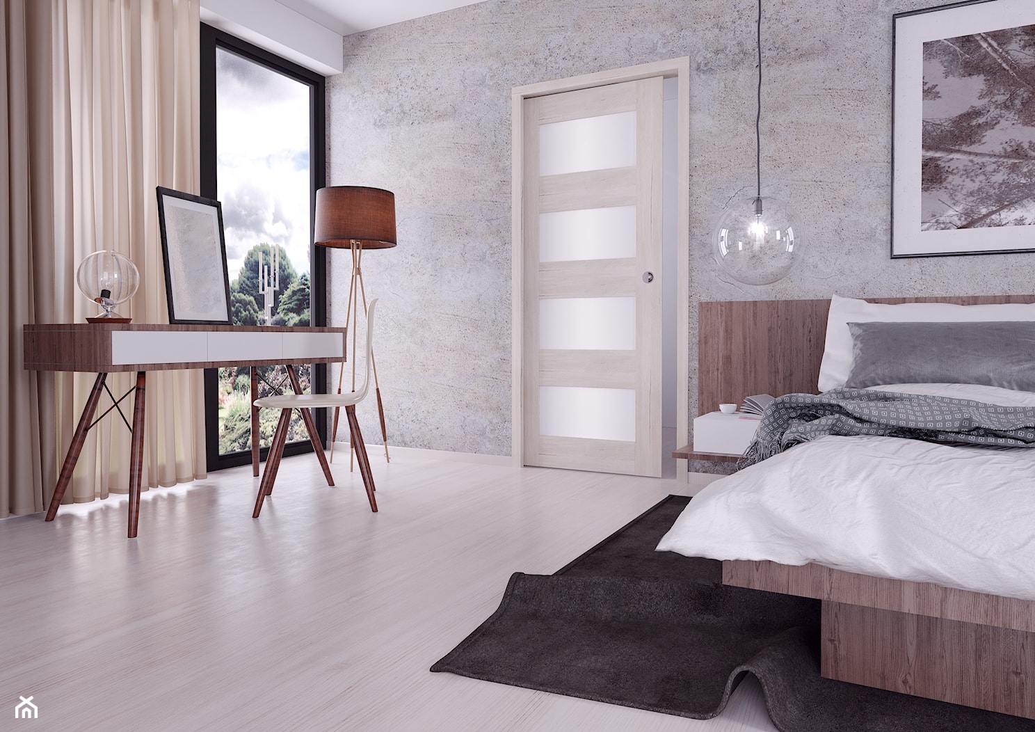 Skrzydła Drzwiowe Ramowe Przylgowe - Średnia biała szara z biurkiem sypialnia, styl minimalistyczny - zdjęcie od VOSTER - Homebook