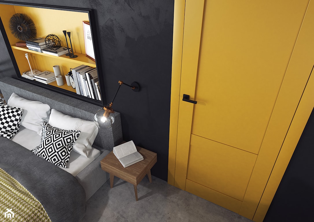 Żółte drzwi wewnętrze, żółte drzwi w sypialni, czarna ściana w sypialni