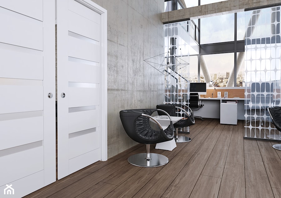 Skrzydła Drzwiowe Ramowe Przylgowe - Duże z zabudowanym biurkiem szare biuro, styl nowoczesny - zdjęcie od VOSTER