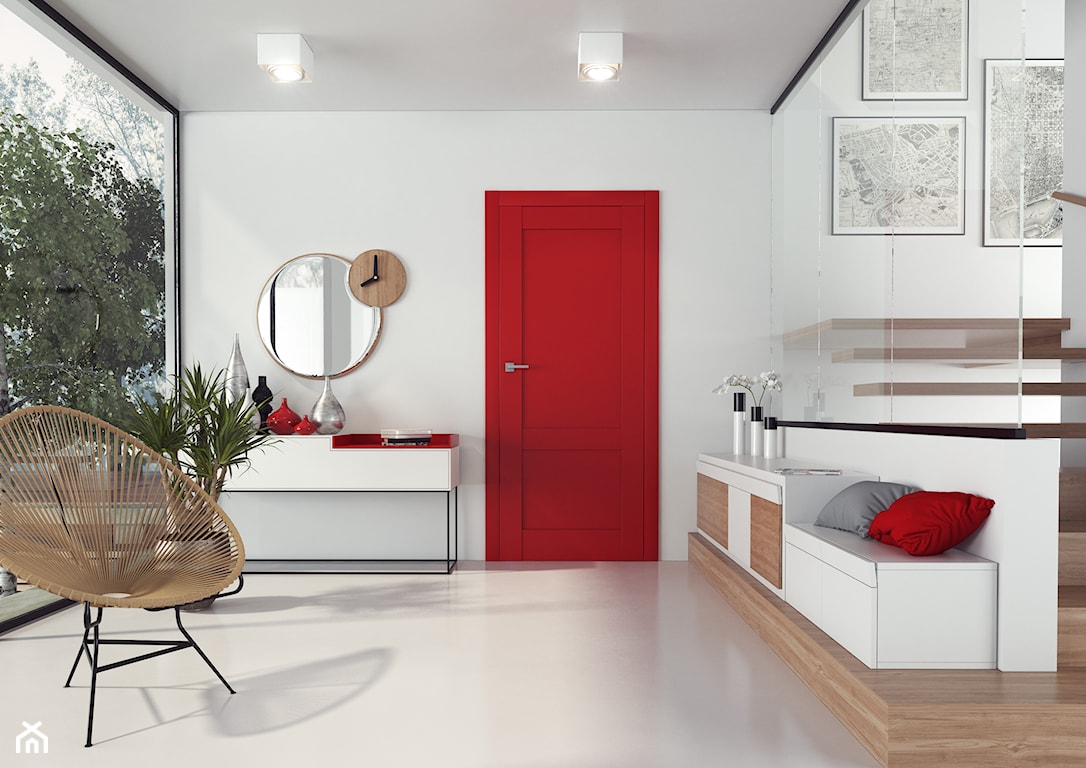Czerwone drzwi wewnętrzne, salon z czerwonymi drzwiami, czerwone dodatki 