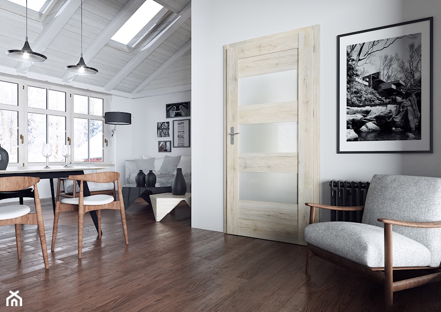 Skrzydła Drzwiowe Ramowe Przylgowe - Duży szary salon z jadalnią, styl minimalistyczny - zdjęcie od VOSTER