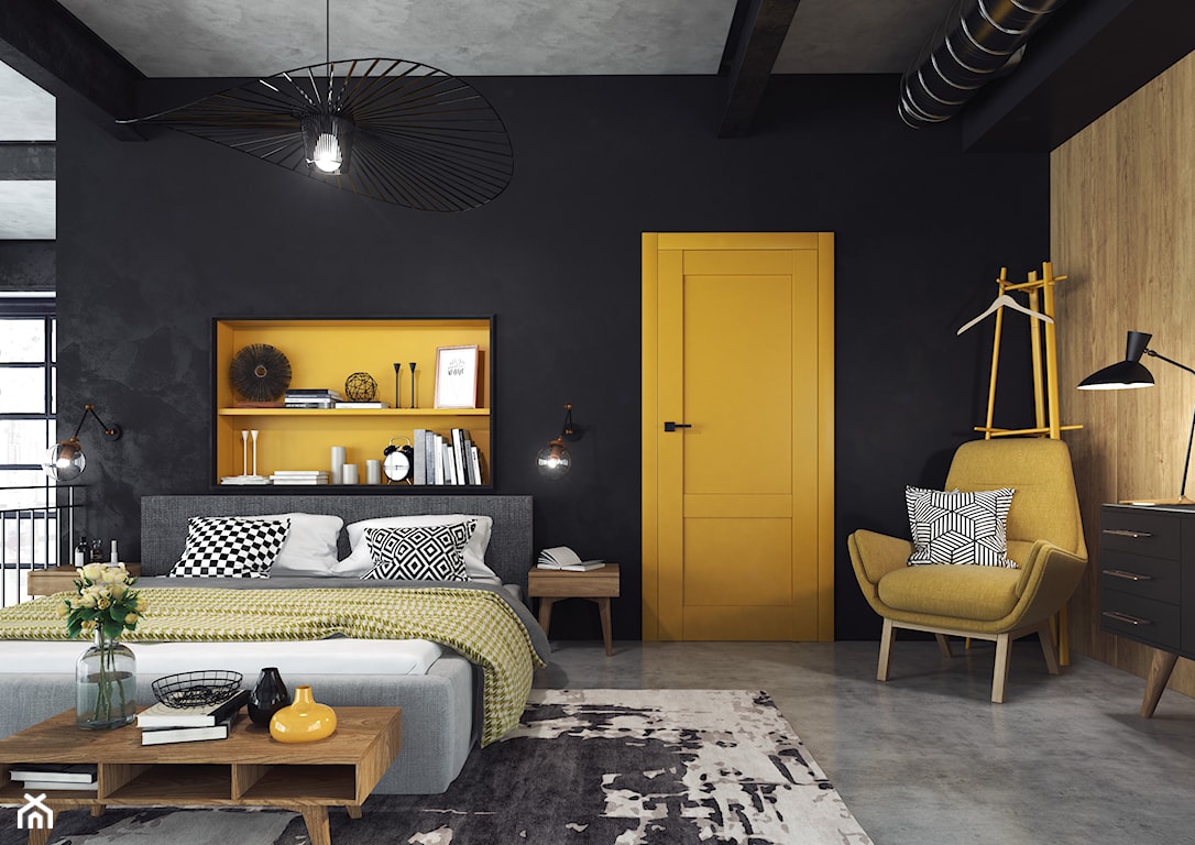 Kolorowe drzwi wewnętrzne, żółte drzwi wewnętrzne, żółte drzwi, czarna ściana w sypialni
