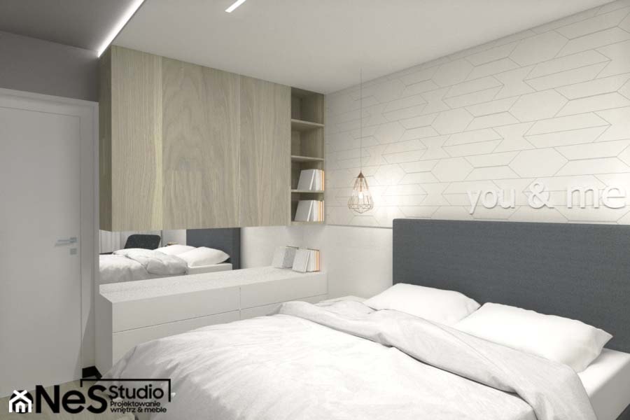 Projekt mieszkania na Wrocławskich Krzykach - Mała biała szara sypialnia, styl nowoczesny - zdjęcie od Enes Studio Projektowanie wnętrz & meble