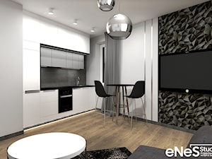 Projekt mieszkania we Wrocławiu - Mała otwarta biała z zabudowaną lodówką kuchnia jednorzędowa z oknem, styl nowoczesny - zdjęcie od Enes Studio Projektowanie wnętrz & meble
