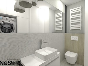 Projekt mieszkania na Wrocławskich Krzykach - Mała bez okna z pralką / suszarką z lustrem z marmurową podłogą łazienka, styl nowoczesny - zdjęcie od Enes Studio Projektowanie wnętrz & meble