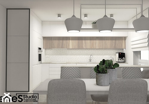 Projekt mieszkania na Wrocławskich Krzykach - Duża otwarta z salonem biała z zabudowaną lodówką kuchnia w kształcie litery l z wyspą lub półwyspem z oknem, styl nowoczesny - zdjęcie od Enes Studio Projektowanie wnętrz & meble