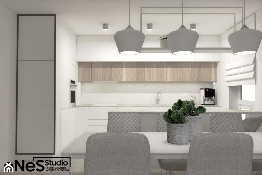 Projekt mieszkania na Wrocławskich Krzykach - Duża otwarta z salonem biała z zabudowaną lodówką kuchnia w kształcie litery l z wyspą lub półwyspem z oknem, styl nowoczesny - zdjęcie od Enes Studio Projektowanie wnętrz & meble