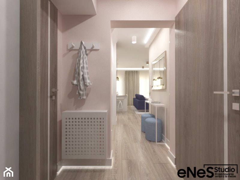 Projekt parteru domu w Brzezinie - Mały z wieszakiem biały różowy hol / przedpokój, styl nowoczesny - zdjęcie od Enes Studio Projektowanie wnętrz & meble