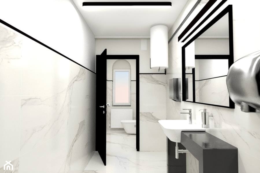 Projekt toalety w Urzędzie Gminy Oława - Średnia z lustrem z marmurową podłogą łazienka z oknem, styl nowoczesny - zdjęcie od Enes Studio Projektowanie wnętrz & meble - Homebook
