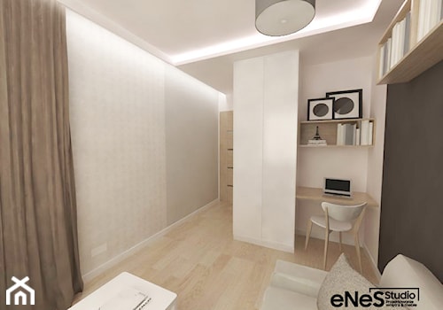 Mieszkanie na Wrocławskim Gaju - Średnia beżowa czarna szara z biurkiem sypialnia, styl nowoczesny - zdjęcie od Enes Studio Projektowanie wnętrz & meble