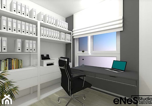 Projekt mieszkania na Wrocławskich Krzykach - Małe z zabudowanym biurkiem białe czarne biuro, styl nowoczesny - zdjęcie od Enes Studio Projektowanie wnętrz & meble