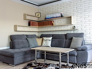 Projekt i realizacja pokoju dziennego - Beżowy salon z bibiloteczką, styl nowoczesny - zdjęcie od Enes Studio Projektowanie wnętrz & meble