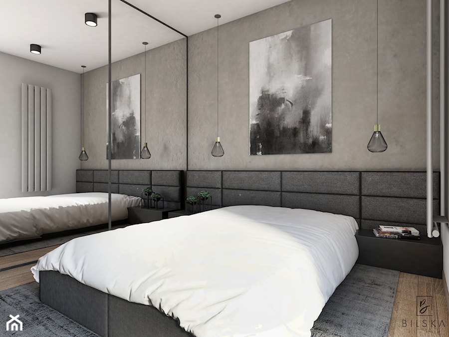 Projekt sypialni w Jarocinie - Mała szara sypialnia, styl minimalistyczny - zdjęcie od Bilska studio