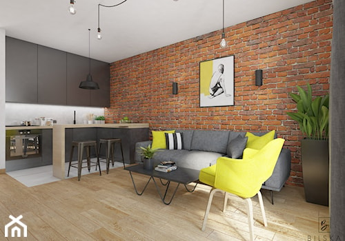 Projekt mieszkania w Poznaniu - Średni biały brązowy salon z kuchnią z jadalnią - zdjęcie od Bilska studio