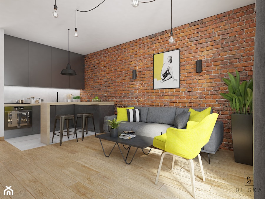Projekt mieszkania w Poznaniu - Średni biały brązowy salon z kuchnią z jadalnią - zdjęcie od Bilska studio
