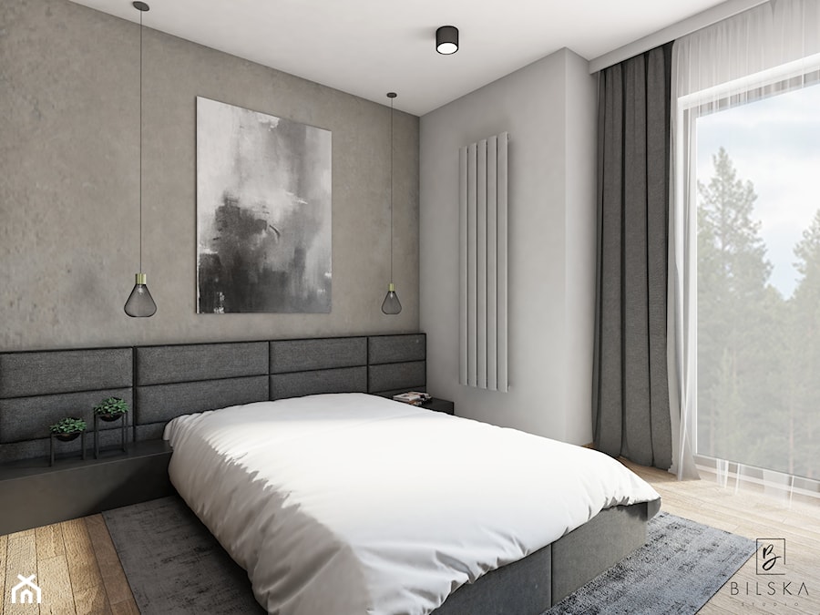 Projekt sypialni w Jarocinie - Średnia biała szara sypialnia, styl minimalistyczny - zdjęcie od Bilska studio