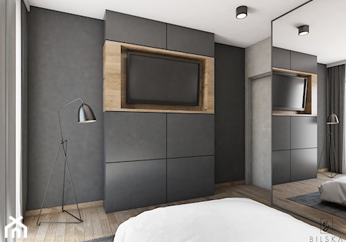 Projekt sypialni w Jarocinie - Średnia czarna sypialnia z balkonem / tarasem, styl minimalistyczny - zdjęcie od Bilska studio