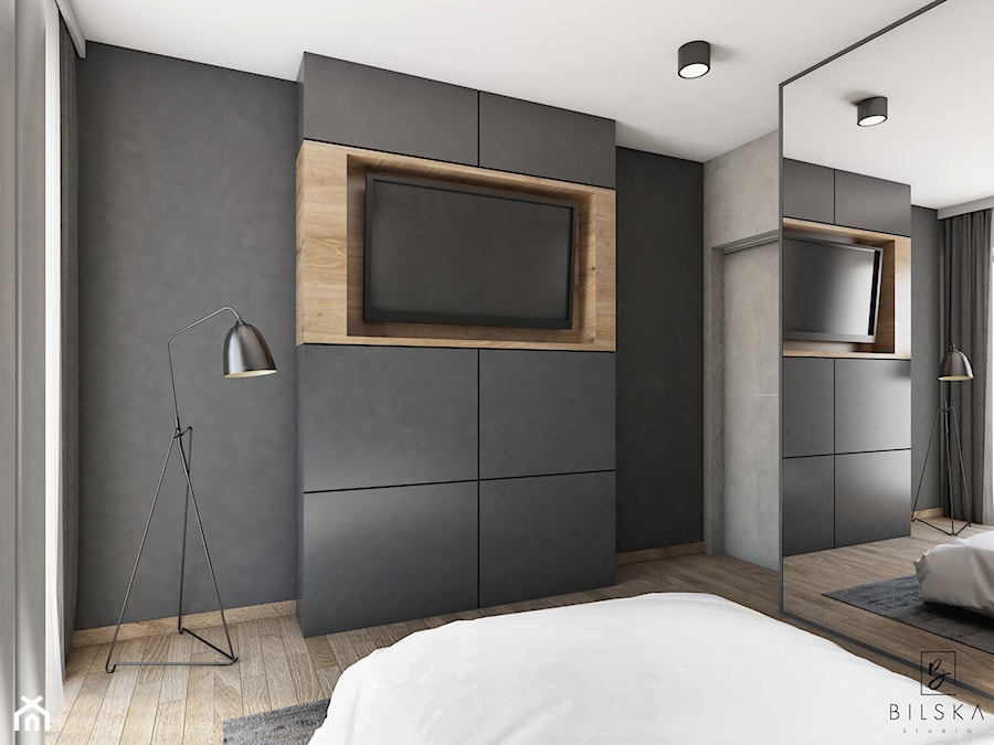 Projekt sypialni w Jarocinie - Średnia czarna sypialnia z balkonem / tarasem, styl minimalistyczny - zdjęcie od Bilska studio